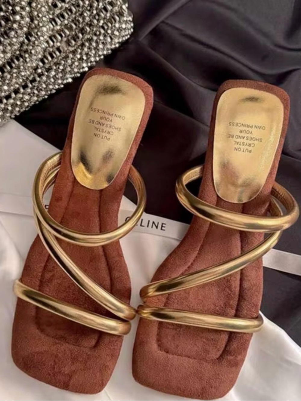SHEIN Brown Suede-Look Slides with Gold Spiral Straps